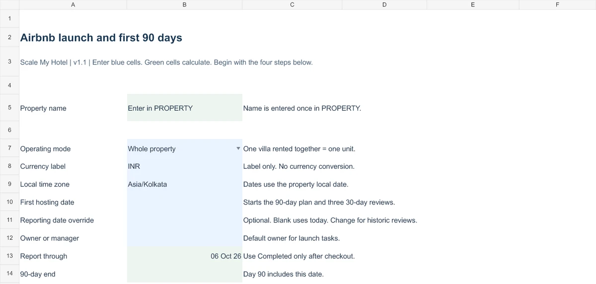 Blank V1.1 START HERE worksheet excerpt showing property setup, whole-property mode, currency label, hosting date and reporting date inputs.
