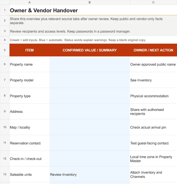 Owner and Vendor Handover worksheet crop with linked property facts, inventory review and source-tab instructions.