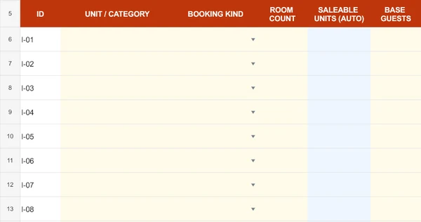 Blank Inventory worksheet crop showing unit or category, booking kind, room count and the automatic saleable units column.